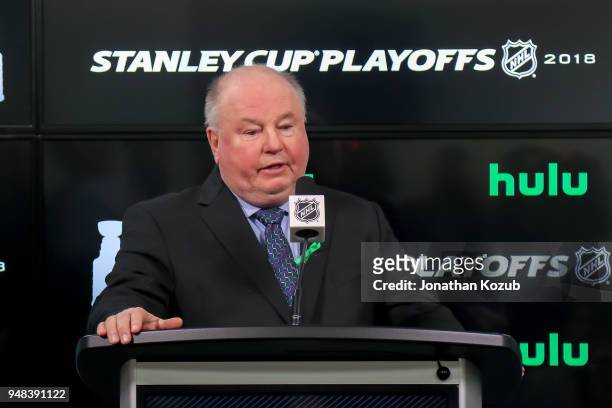Head Coach Bruce Boudreau of the Minnesota Wild takes part in the post-game press conference following a 4-1 loss against the Winnipeg Jets in Game...