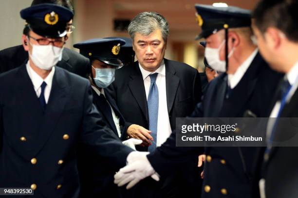 Administrative Vice Finance Minister Junichi Fukuda leaves the Finance Ministry on April 16, 2018 in Tokyo, Japan. The ministry released the results...