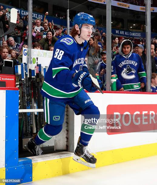 Adam Gaudette of the Vancouver Canucks steps onto the ice during their NHL game against the Columbus Blue Jackets at Rogers Arena March 31, 2018 in...