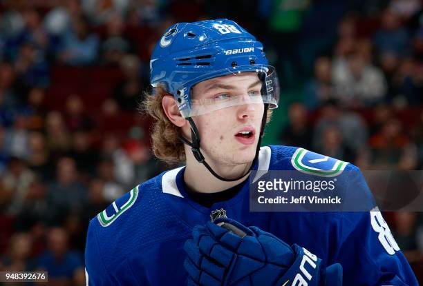 Adam Gaudette of the Vancouver Canucks skates up ice during their NHL game against the Columbus Blue Jackets at Rogers Arena March 31, 2018 in...