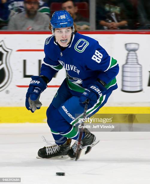 Adam Gaudette of the Vancouver Canucks skates up ice during their NHL game against the Columbus Blue Jackets at Rogers Arena March 31, 2018 in...