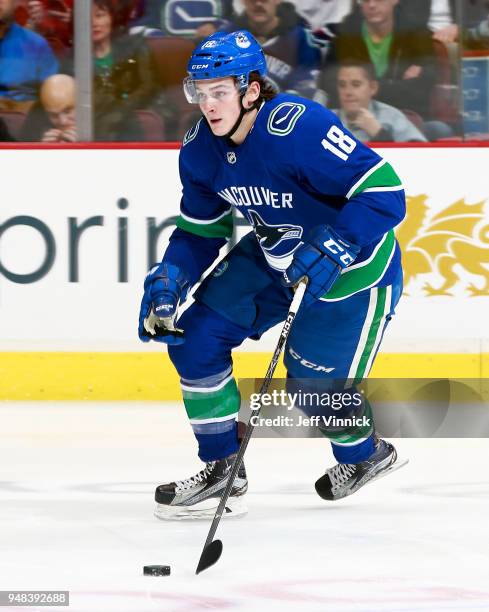 Jake Virtanen of the Vancouver Canucks skates up ice during their NHL game against the Columbus Blue Jackets at Rogers Arena March 31, 2018 in...