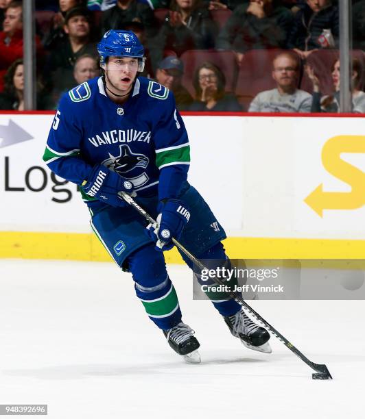 Derrick Pouliot of the Vancouver Canucks skates up ice during their NHL game against the Columbus Blue Jackets at Rogers Arena March 31, 2018 in...