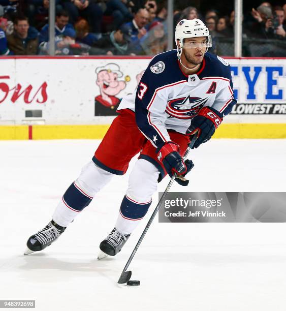 Seth Jones of the Columbus Blue Jackets skates up ice with the puck during their NHL game against the Vancouver Canucks at Rogers Arena March 31,...