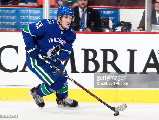 Bo Horvat of the Vancouver Canucks skates up ice with the puck during their NHL game against the Columbus Blue Jackets at Rogers Arena March 31, 2018...