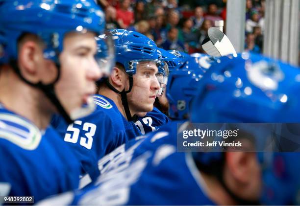 Bo Horvat of the Vancouver Canucks looks on from the bench during their NHL game against the Columbus Blue Jackets at Rogers Arena March 31, 2018 in...