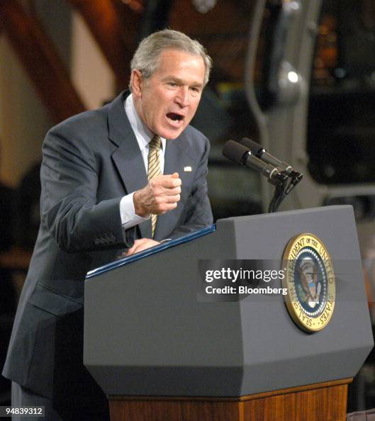 President George W Bush Gives A Speech During A Visit To A News president-george-w-bush-gives-a-speech-during-a-visit-to-a-news