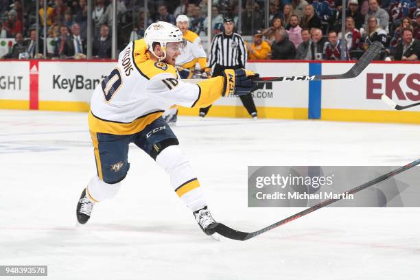 Colton Sissons of the Nashville Predators shoots and scores against the Colorado Avalanche in Game Four of the Western Conference First Round during...