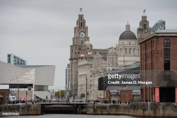 The Three Graces buildings on the waterfront on May 19, 2015 in Liverpool, England. They consist of the Royal Liver Building, The Cunard Building and...