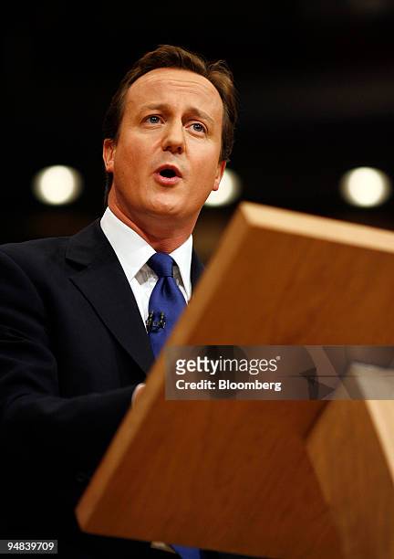 David Cameron, leader of the U.K. Conservative Party, delivers his keynote speech at the annual Conservative Party Conference in Birmingham, U.K., on...