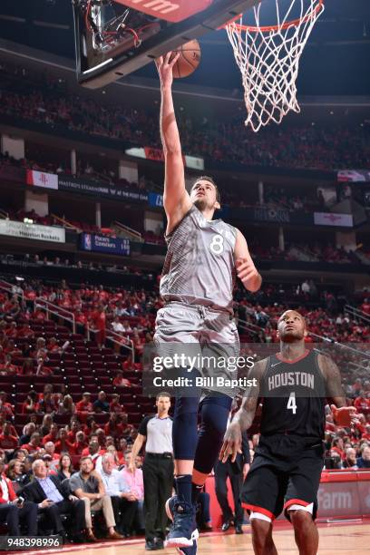 Nemanja Bjelica of the Minnesota Timberwolves drives to the basket against the Houston Rockets during Game Two of Round One of the 2018 NBA Playoffs...