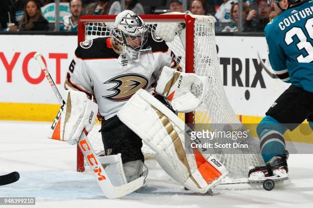 John Gibson of the Anaheim Ducks protects the net in Game Four of the Western Conference First Round against the San Jose Sharks during the 2018 NHL...