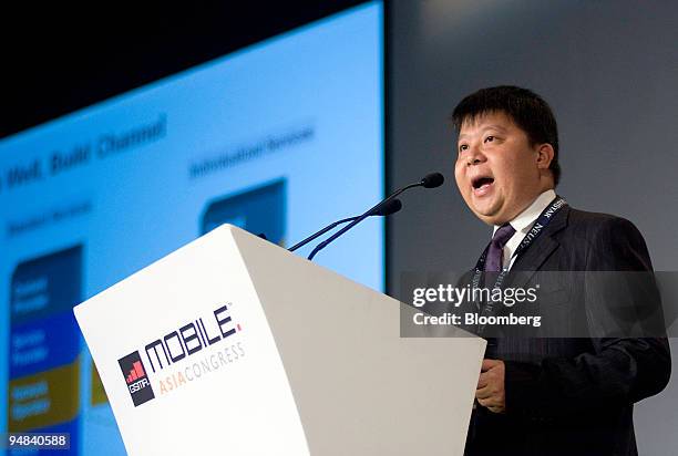 Guo Ping, chairman, president of Huawei Technologies Co. Shenzhen handset business, speaks at the 2008 GSMA Mobile Asia Congress in Macau, China, on...