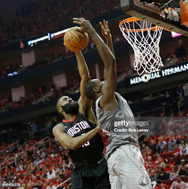 James Harden of the Houston Rockets blocks the shot attempt by Gorgui Dieng of the Minnesota Timberwolves during Game Two of the first round of the...