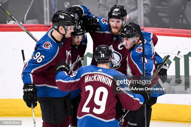 Gabriel Landeskog of the Colorado Avalanche celebrates his 3-1 Avalanche goal with teammates against the Nashville Predators during the third period...