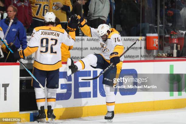 Subban of the Nashville Predators celebrates a win against the Colorado Avalanche with teammate Ryan Johansen in Game Four of the Western Conference...