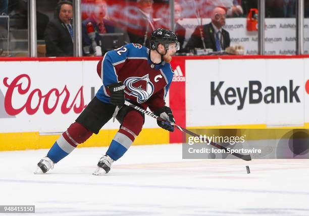 Colorado Avalanche left wing Gabriel Landeskog skates with the puck during a first round playoff game between the Colorado Avalanche and the visiting...