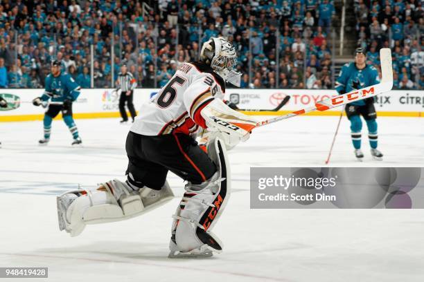 John Gibson of the Anaheim Ducks skates off the ice during the third period in Game Four of the Western Conference First Round against the San Jose...