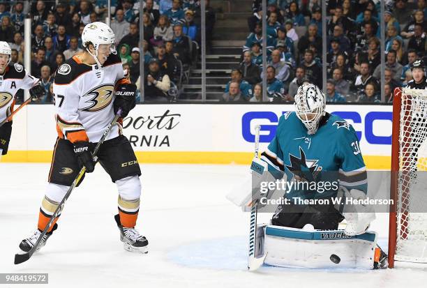 Goalie Martin Jones of the San Jose Sharks blocks a shot against Rickard Rakell of the Anaheim Ducks during the third period in Game Four of the...