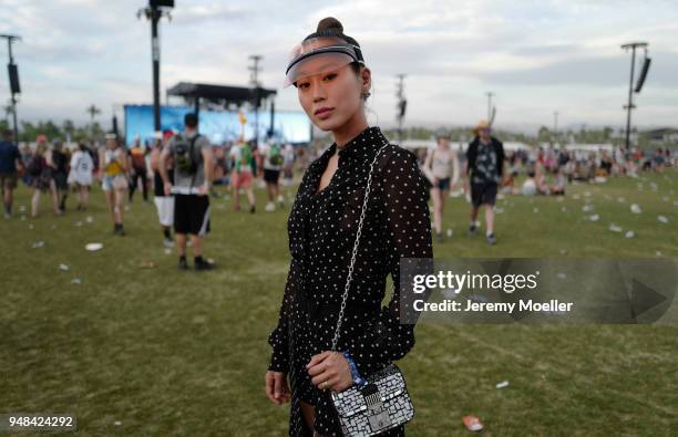 Aimee Song wearing a complete Dior look during day 3 of the 2018 Coachella Valley Music & Arts Festival Weekend 1 on April 15, 2018 in Indio,...