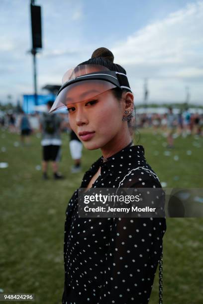 Aimee Song wearing a complete Dior look during day 3 of the 2018 Coachella Valley Music & Arts Festival Weekend 1 on April 15, 2018 in Indio,...