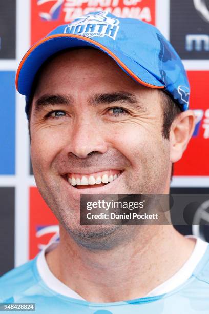 Kangaroos head coach Brad Scott talks to the media at Arden Street Ground on April 19, 2018 in Melbourne, Australia.