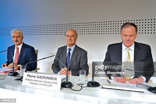 Daniel Camus, chief financial officer of Electricite De France , left, Pierre Gadonneix, chairman and chief executive officer, center, and Vincent de...