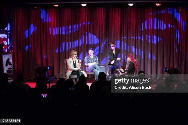 Musicians, Yoshiki, Wes Borland, Toshi and moderator Lyndsey Parker speak onstage during Reel to Reel: We Are X on April 18, 2018 in Los Angeles,...