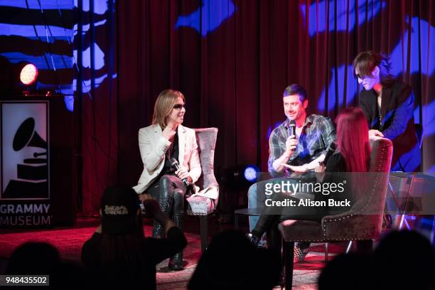 Musicians, Yoshiki, Wes Borland, Toshi and moderator Lyndsey Parker speak onstage during Reel to Reel: We Are X on April 18, 2018 in Los Angeles,...