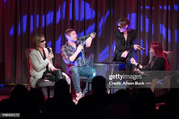 Musicians, Yoshiki, Wes Borland, Toshi and moderator Lyndsey Parker speak onstage during Reel to Reel: We Are X on April 18, 2018 in Los Angeles,...