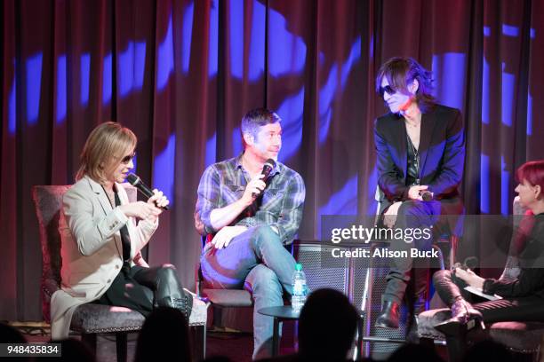 Musicians, Yoshiki, Wes Borland, Toshi and moderator Lyndsey Parker speak onstage during Reel to Reel: We Are X on April 18, 2018 in Los Angeles,...