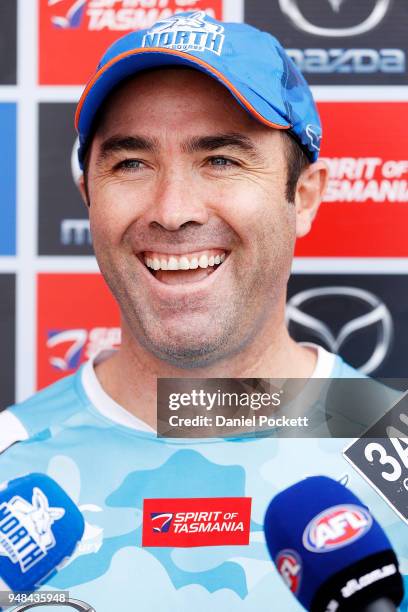 Kangaroos head coach Brad Scott talks to the media at Arden Street Ground on April 19, 2018 in Melbourne, Australia.