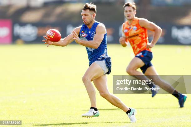 Shaun Higgins of the Kangaroos in action at Arden Street Ground on April 19, 2018 in Melbourne, Australia.