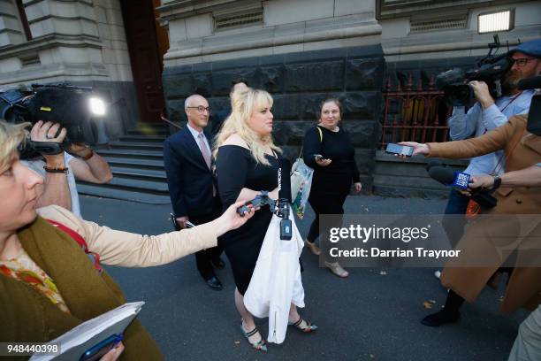 Rebel Wilson walks out of the Court of Appeal on April 19, 2018 in Melbourne, Australia. Rebel Wilson successfully sued Women's Day magazine...