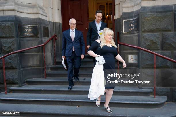 Rebel Wilson walks out of the Court of Appeal on April 19, 2018 in Melbourne, Australia. Rebel Wilson successfully sued Women's Day magazine...