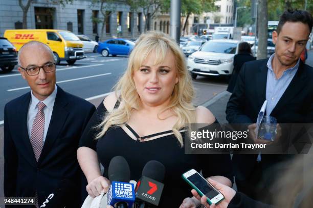 Rebel Wilson walks out of the Court of Appeal on April 19, 2018 in Melbourne, Australia. Rebel Wilson successfully sued Women's Day magazine...