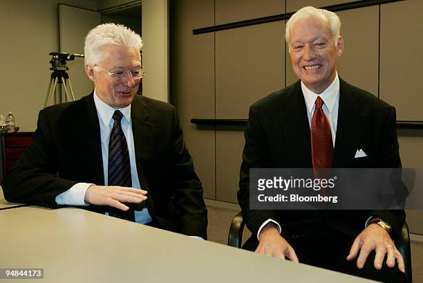 Procter & Gamble Chairman and CEO A.G. Lafley, left, and Gillette Chairman and CEO James Kilts speak to the media January 28 in New York. Procter &...