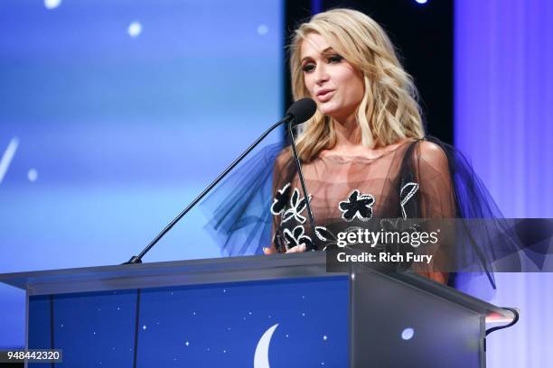 Paris Hilton speaks onstage during the CASA Of Los Angeles' 2018 Evening To Foster Dreams Galaat The Beverly Hilton Hotel on April 18, 2018 in...