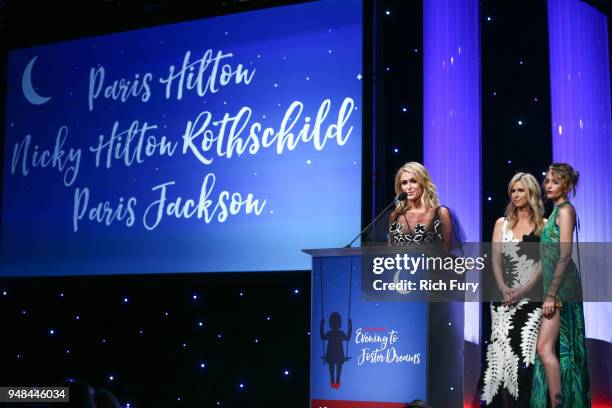 Paris Hilton, Nicky Hilton Rothschild and Paris Jackson speak onstage during the CASA Of Los Angeles' 2018 Evening To Foster Dreams Galaat The...