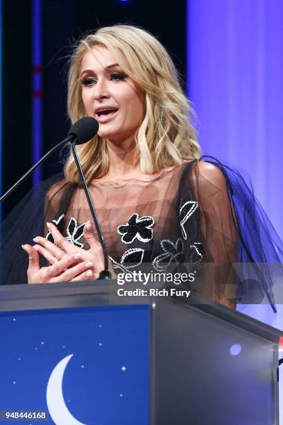 Paris Hilton speaks onstage during the CASA Of Los Angeles' 2018 Evening To Foster Dreams Galaat The Beverly Hilton Hotel on April 18, 2018 in...