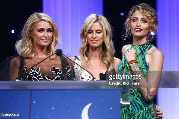 Paris Hilton, Nicky Hilton Rothschild and Paris Jackson speak onstage during the CASA Of Los Angeles' 2018 Evening To Foster Dreams Galaat The...