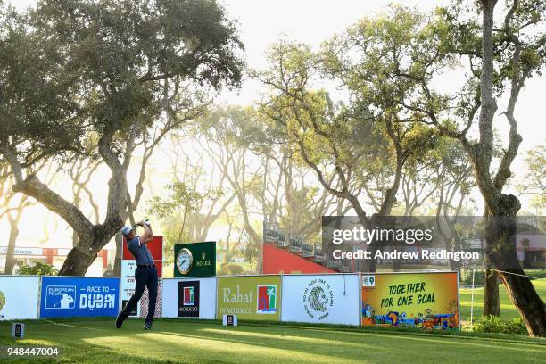 Chris Hanson of England takes his shot off the 1st tee during Day One of the Trophee Hassan II at Royal Golf Dar Es Salam on April 19, 2018 in Rabat,...