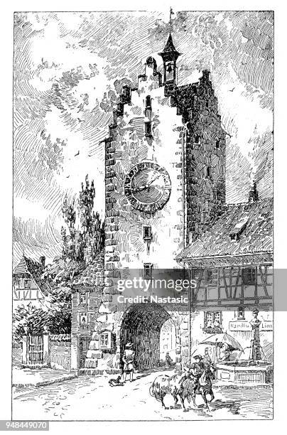 old city gate in diessenhofen on the upper rhine ,switzerland - diessenhofen stock illustrations