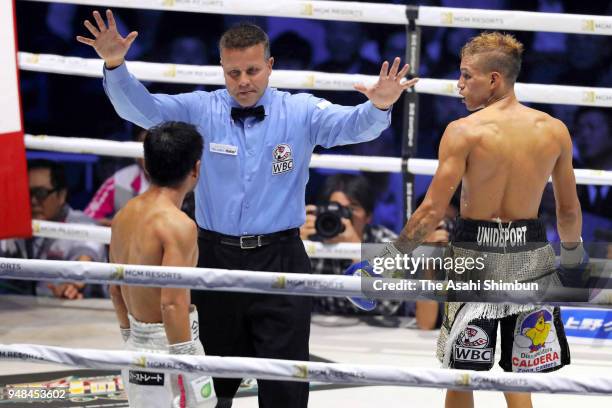 Challenger Cristofer Rosales of Nicaragua celebrates after beating former champion Daigo Higa of Japan in the 9th round of the WBC Flyweight Title...