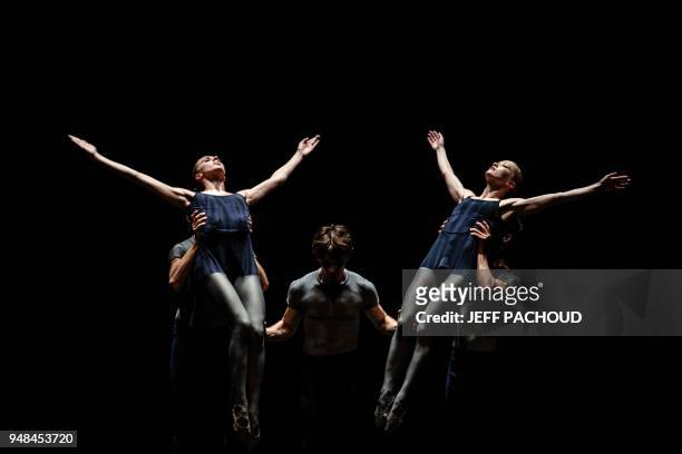 Dancers perform on stage, on April 18 at the Lyon Opera, during the dress rehearsal of Czech choreographer Jiri Kylian's creation "No more Play". /...
