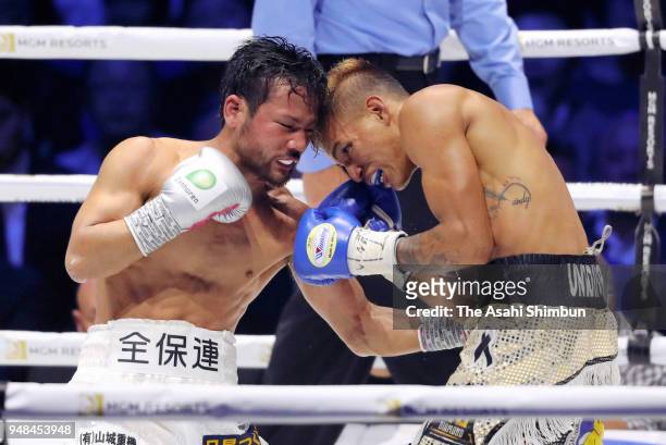Former champion Daigo Higa of Japan and Challenger Cristofer Rosales of Nicaragua exchange punches during the WBC Flyweight Title Bout at Yokohama...