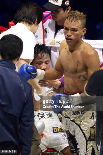 Challenger Cristofer Rosales of Nicaragua celebrates after beating former champion Daigo Higa of Japan in the WBC Flyweight Title Bout at Yokohama...
