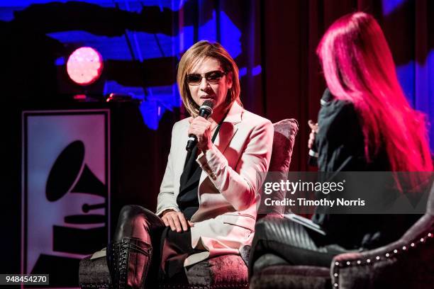 Yoshiki and Lyndsey Parker speaks during Reel to Reel: We Are X at Grammy Museum on April 18, 2018 in Los Angeles, California.