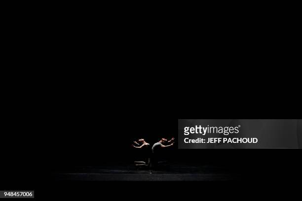Dancers perform on stage, on April 18 at the Lyon Opera, during the dress rehearsal of Czech choreographer Jiri Kylian's creation "No more Play". /...