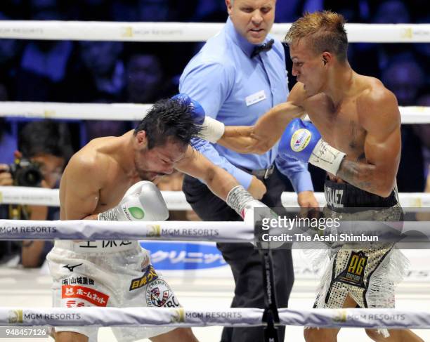 Challenger Cristofer Rosales of Nicaragua connects his right on former champion Daigo Higa of Japan in the 8th round of the WBC Flyweight Title Bout...